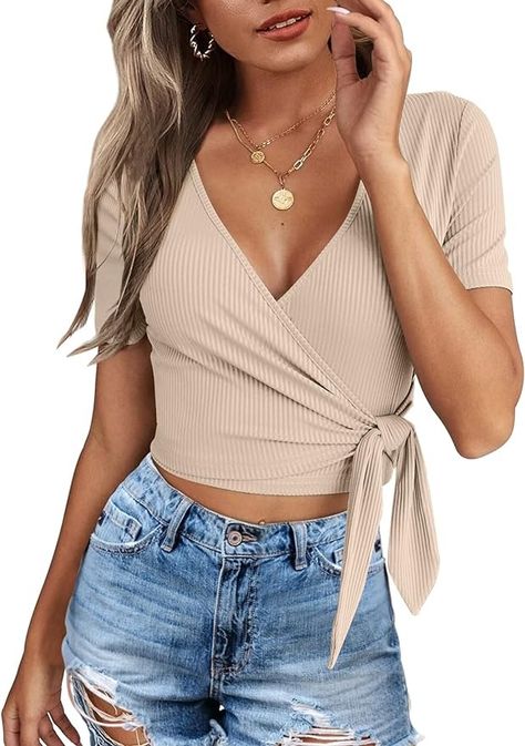 Crop Tops for Women Summer Cute Tops with Deep V Neck Shirts Sexy Unique Cross Wrap Slim Fit Tie Up Front Short Sleeve at Amazon Women’s Clothing store Amazon Shirts, Tie Up Crop Top, Tops For Women Casual, Casual Tie, Crop T Shirt, Women T Shirt, Crop Tshirt, Neck Shirt, Concert Outfit