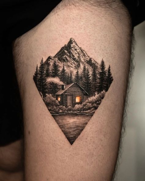 Woodworking Tattoo Ideas, Toronto Nature, Cabin Tattoo, Reflection Tattoo, Moutain Tattoos, Small Fish Tattoos, Wilderness Tattoo, Travel Tattoo Ideas, Nature Tattoo Ideas