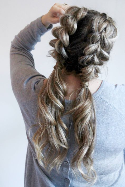 Jumbo Pull Through Braid Pigtails Tutorial - Cassie Scroggins Animal Kingdom Hairstyles, Mock Braid Hairstyles, Faux Dutch Braid Pigtails, Pig Tail Braid Hairstyle, Pulling Hair Back From Face, Pony Braid Hairstyles, Pull Through Braid Pigtails, Hair Braids Tutorials, Pony Braids