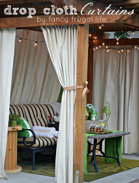 What a fun project before the next outdoor get together - DIY curtains from drop cloths. Luxury Pergola, Patio Chico, Cloth Curtains, Outdoor Covered Patio, Patio Privacy, Patio Curtains, Pergola Design, Drop Cloth Curtains, Outdoor Privacy