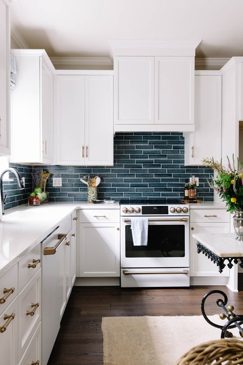 Kitchen With Blue Appliances, White Kitchen Blue Subway Tile, Small Kitchen White Appliances, Color Subway Tile Kitchen, Kitchen Hood Storage, Kitchen Remodel White Appliances, Blue Tiles In Kitchen, White Kitchen Navy Accents, Kitchen White Appliances Ideas