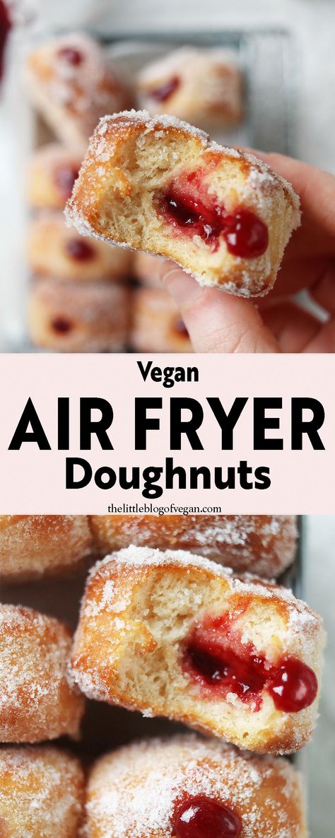 Doughnuts filled with jam Air Fryer Vegan Breakfast, Vegan Air Fryer Desserts, Air Fryer Doughnut Recipe, Doughnuts Easy, Vegan Donut Recipe, Vegan Air Fryer, Vegan Doughnuts, Air Fryer Recipes Dessert, Diy Cookbook