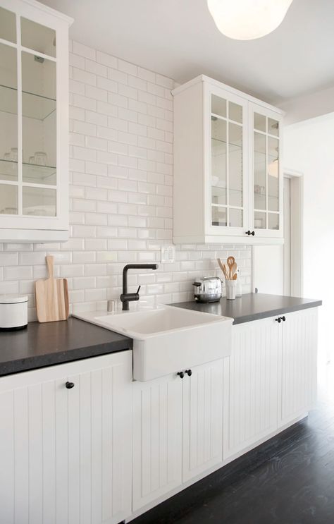 White Beadboard Kitchen, Beadboard Kitchen Cabinets, White Beveled Subway Tile, Beadboard Kitchen, Kitchen Cabinet Style, Trendy Kitchen Tile, White Beadboard, Farmhouse Kitchen Cabinets, Kitchen Cabinet Styles