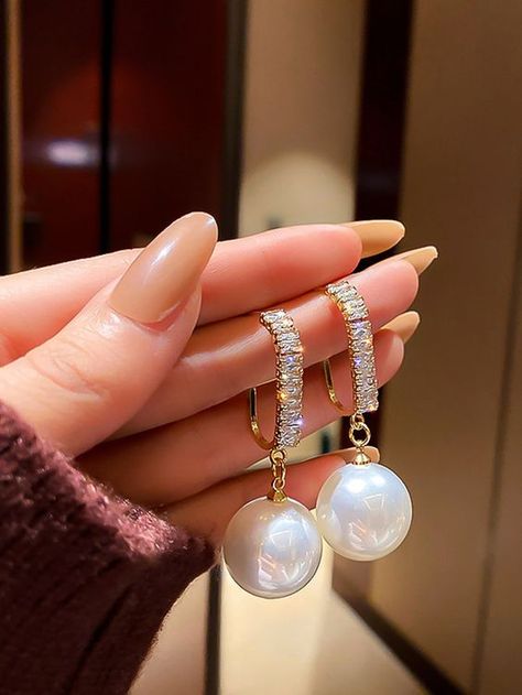 Yellow Gold Glamorous Collar Zinc Alloy Embellished Women's Fashion Jewelry Dance Earrings, Romantic Earrings, Dance Necklace, Freshwater Pearl Drop Earrings, Ear Jewelry, Pearl Drop Earrings, Tahiti, Pearl Drop, Vintage Earrings