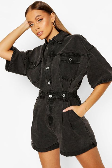 Womens Waist Detail Denim romper 62.00 USD Boyfriend Styles, Punk Badges, Perfect Jeans Fit, Outing Ideas, 5sos Concert, Denim Playsuit, Recruitment Outfits, French Street Fashion, French Street