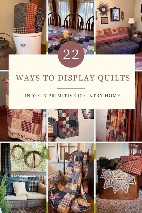 Rolled quilts in a crock, quilt folded over the couch, quilt displayed on a rocker. 22 ways to display quilts in your home. How To Hang Large Quilts On Wall, Ways To Hang Quilts On The Wall, Displaying Vintage Quilts, Decorating With Old Quilts, Quilt Displays Ideas, How To Display Old Quilts, Displaying Quilts On Wall, How To Display A Quilt, Decorating With Quilts Ideas Display