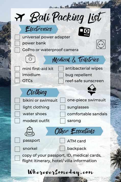 What to pack for a trip to Bali | This packing list covers all the essentials that should be in your bag when you pack for Bali! PLUS a few things you definitely should NOT pack for Bali. #Balipackinglist #whattopackforBali #Bali #Balitraveltips #BaliIndonesia #Balitravel #Balivacation Bali Travel Packing List, Moving To Bali, Bali Packing List Woman, Bali Indonesia Outfit Ideas, What To Wear In Bali, Bali Packing List, Bali Outfits, Bali 2023, Bali Girls