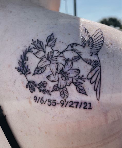 Hummingbird Tattoo For Loved One, Hummingbird Tattoo Memorial Grandmothers, Hummingbird Mom Tattoo, Humming Bird Memorial Tattoos, Hummingbird Tattoo With Name, Cardinal Hummingbird Tattoo, Hummingbird Memorial Tattoo Mom, Hummingbird Tattoo In Memory Grandma, Lily And Hummingbird Tattoo