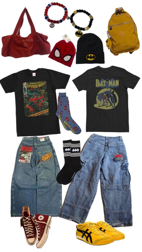 Peter Parker Clothes Aesthetic, Nerd Core Outfit, Spiderman Themed Outfits, Spiderman Aesthetic Outfit, Spider Man Inspired Outfit, Spiderman Fits, Batman Streetwear, Batman Inspired Outfit, Spiderman Outfit Ideas