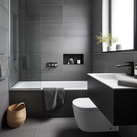 Minimalist Grey Bathroom Ideas for Small Modern Spaces • 333k+ Inspiring Lifestyle Ideas Dark Grey And White Bathroom, Dark Grey Bathroom Ideas, Small Grey Bathroom, Cyprus Villa, Modern Bathroom Design Grey, Small Bathroom With Bath, Compact Bathroom Design, Contemporary Grey Bathrooms, Grey Bathroom Ideas