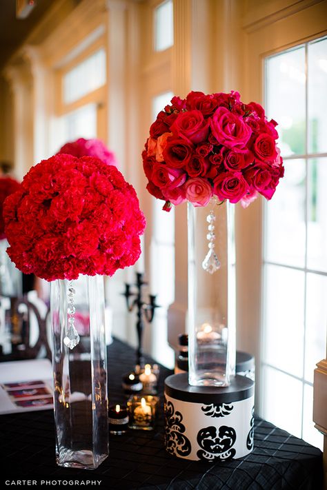 Fuchsia Black & White Wedding Flowers ~ Trina’s Inspiration Board | Afloral.com Wedding Blog Hollywood Decor, Wedding Flower Vase, Black Centerpieces, Red Centerpieces, Styrofoam Crafts, Wedding Flowers Roses, Fuchsia Wedding, Hot Pink Weddings, Red Wedding Flowers