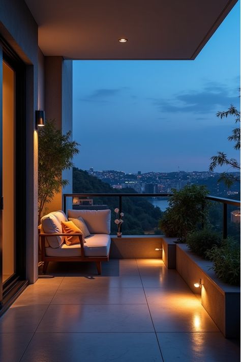 Panoramic view of balcony with distinct lighting areas for different activities Outside Balcony Ideas Home, Upstairs Outdoor Balcony Ideas, Balcony Apartment Decor, Balcony Setup, Balcony With Plants, Night Balcony, Home Balcony Ideas, Balcony Lighting Ideas, Modern Balcony Design