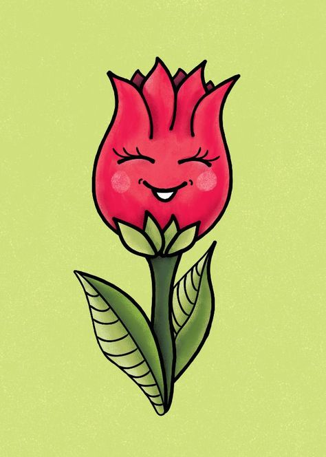 Cute spring flower vector illustration depicting a floral cartoon character smiling happily. This fun seasonal illustration has bright red and green colors. Flower Character, Floral Cartoon, Flower Vector Illustration, Flower Cartoon, Flower Vector, Tulip Flower, Red Tulips, Cute Spring, Tulips Flowers