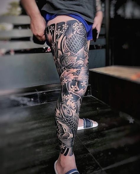 Full Leg Tattoo Men Japanese Design, Coi Fish Tattoo For Men Leg, Full Legs Japanese Tattoo, Japanese Tattoo Leg Sleeve For Men, Chinese Leg Sleeve Tattoo, Leg Full Tattoo, Japanese Leg Tattoo Sleeve, Japanese Leg Sleeve Women, Japanese Leg Tattoo Men