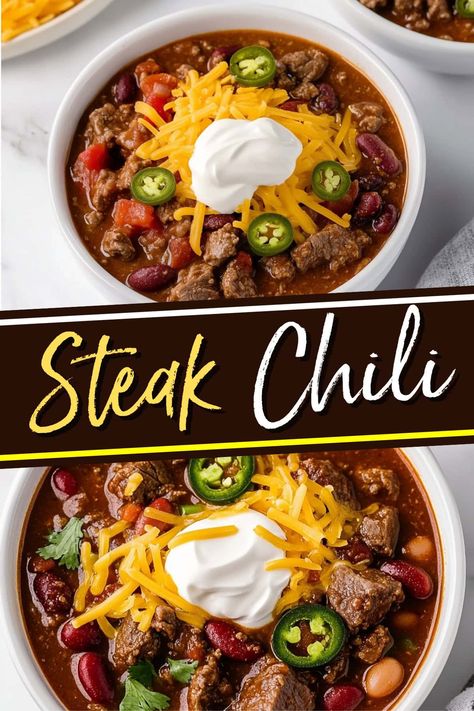 Fill up your belly with this hearty and satisfying steak chili! With tender chunks of meat, beans, and jalapenos, it packs a punch! Chili With Beef And Pork, Chili Made With Stew Meat, Chili With Stew Meat Crock Pots, Chili Using Stew Meat, Steak Chili Recipe No Beans, Chili With Stew Meat And Ground Beef, Beef Stew Chili Recipe, Chili With Beef Stew Meat, Chili With Roast Meat