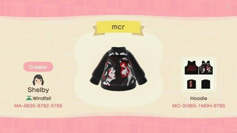 Animal Crossing Design Codes Clothes Grunge, Animal Crossing Grunge Island, Goth Acnh Codes Clothes, Emo Acnh Clothes, Scene Animal Crossing Outfits, Mcr Animal Crossing, Animal Crossing Codes Clothes Goth, Grunge Acnh Clothes, Acnh Emo Clothing