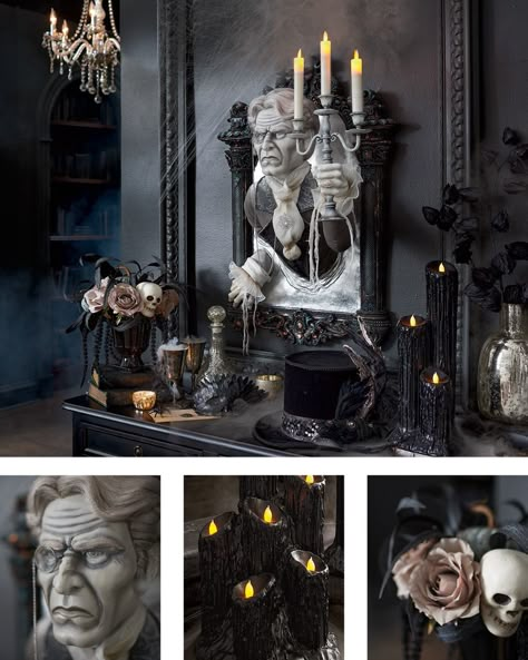 Haunted Ballroom Decorations, Halloween Mantels Ideas, Glamorous Halloween Decor, Halloween Elegant Decor, Halloween Gothic Decor, Luxury Halloween Decor, Halloween Decorations 2023, Halloween Decor 2023, Halloween 2023 Trends