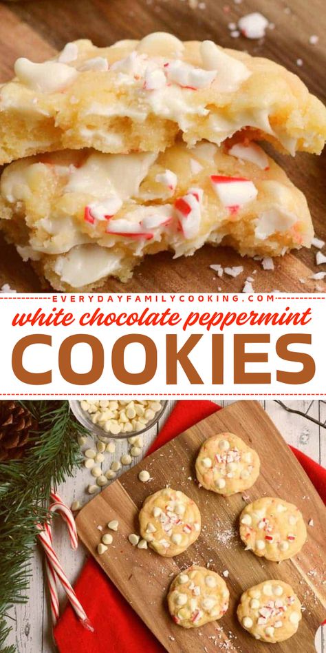 Treat everyone to these easy Christmas cookies! Sweet and minty while being fun and festive, these White Chocolate Peppermint Cookies are a Christmas dessert idea no one will be able to resist. Save this holiday baking recipe! Christmas Cookies With White Chocolate, Easy Peppermint Cookies, Christmas Cookies For Cookie Exchange, Fancy Christmas Cookies, White Chocolate Peppermint Cookies, Peppermint Christmas Cookies, White Chocolate Desserts, Easy Christmas Cookies, Peppermint Recipes