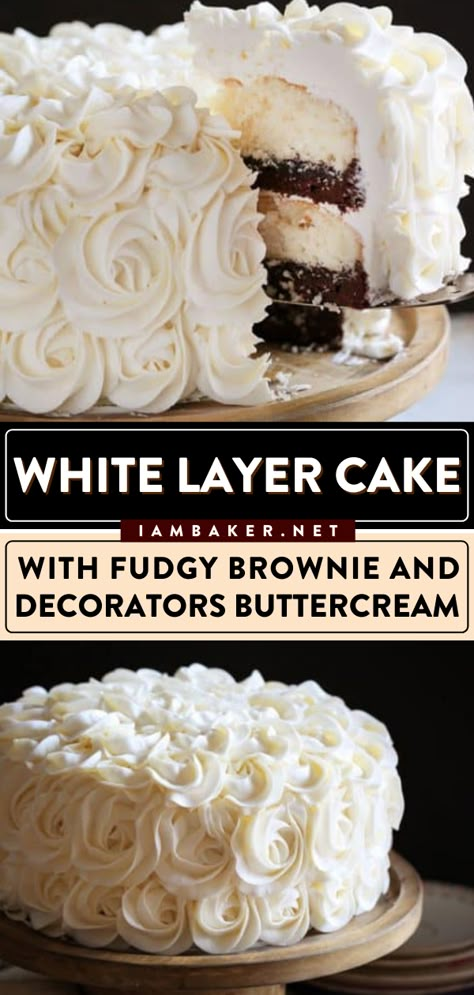 White Cake With Brownie Layer, Easy Three Layer Cake, 2 Layer Bday Cake, Brownie And Cake Layered Cake, White Layer Cake With Fudgy Brownie, Fancy Layer Cakes, Cake Layer Ideas, Frazier Cake Recipe, Layered Cake Recipe With Filling