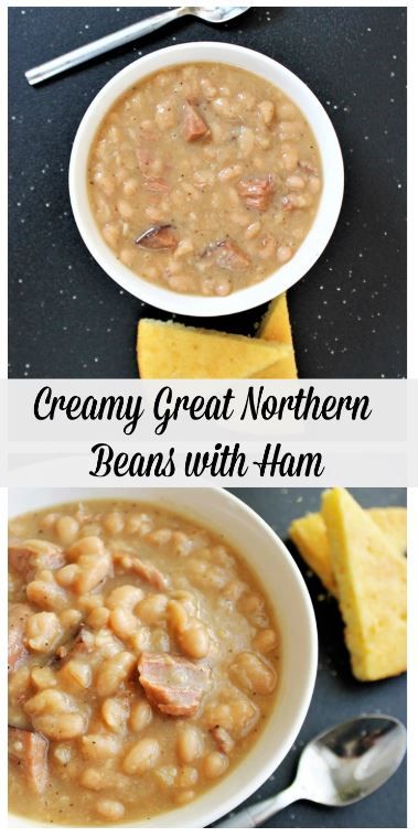 Creamy beans with tender ham chunks.  MyRecipeReviews.com Ham And Lima Bean Soup Crock Pot, Ham And Bean Soup Recipes Crockpot Great Northern Beans, Great Northern Beans In The Crockpot, White Beans With Ham Hocks, Pa Dutch Ham And Bean Soup, Easy Ham And Beans Recipe, Northern Beans And Ham Hocks, Northern White Bean Soup, Old Fashioned Ham And Beans