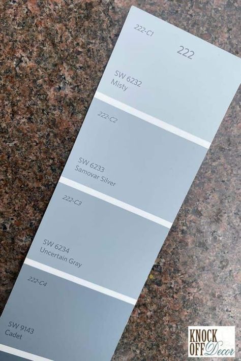 Sherwin Williams Misty Bathroom, Misty Sherwin Williams Bedroom, Misty Sherwin Williams Bathroom, Moon Mist Sherwin Williams, Sherwin Williams Misty Paint, Misty Blue Bedroom, Sherwin Williams Misty, Greyish Blue Paint, Soft Blue Paint Colors