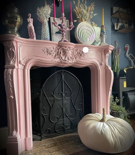 Dark Feminine Interior, Pastel Fireplace, Pink Mantle, Magic Furniture, Pink Fireplace, Painted Fireplace Mantels, Stone Fireplace Decor, Walnut House, Moody Interior Design