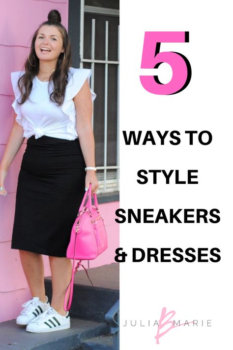 VIDEO: 5 WAYS TO WEAR SNEAKERS WITH DRESSES | RULE OF 5 How To Wear White Sneakers With Dress, Dress And Shoes Outfit Sneakers, Dress And White Rubber Shoes Outfit, White Snikers Outfit Dress, Pencil Skirt Sneakers Outfits, Dress And Sneakers Outfit 2023, Wrap Dress And Sneakers Outfit, How To Style Dress With Sneakers, Tank Dress And Sneakers Outfit