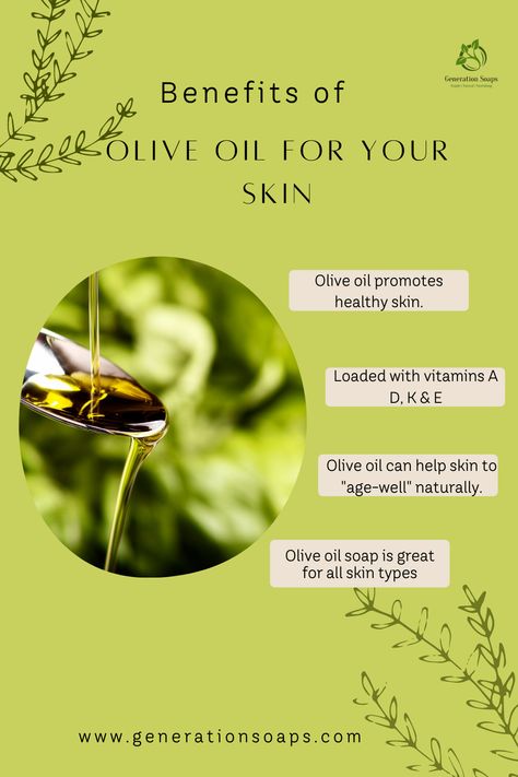 Olive oil is loaded with vitamins and antioxidants that can contribute to healthier-looking skin. It is known for its natural moisturizing and emollient properties. Used in soapmaking, olive oil produces a bar of soap that will condition and soften your skin and is suitable for all skin types including sensitive skin. #naturalsoap #handmadesoap #soap #vegansoap #naturalskincare #powerofplants #plantbasedoils #naturaloils #oliveoilsoap #oliveoil Olive Oil Face Benefits, Olive Oil For Skin, Olive Oil For Body Skin, Olive Oil Skin Benefits, Olive Oil Soap Benefits, Olive Oil Skin Care, Olive Oil For Face, Olive Oil Skin, Natural Massage Oil