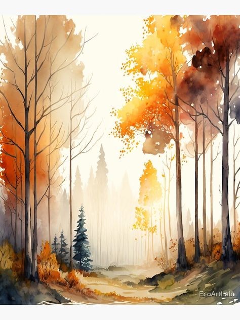 Fall Scenery Watercolor, Watercolor Art Tree, Watercolor Fall Trees, Watercolor Forest Landscape, Forest Painting Acrylic, Fall Forest, Forest Watercolor, Watercolor Autumn Trees, Autumn Watercolor Paintings