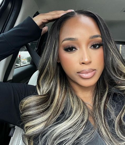 Highlighted Hair Black Women, Black Into Blonde Hair, Blonde Highlights Quickweave, Black Hair With 613 Highlights, Faux Highlights Quick Weave, Black Girls Highlights Hair, Dark Hair With Blonde Tips, Highlights On Relaxed Hair, Ash Blonde Highlights Black Women