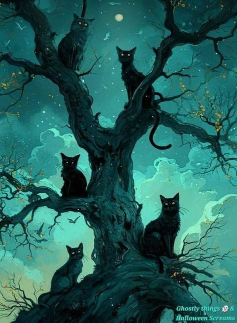 Black Cat Art Aesthetic, Black Cats Aesthetic Wallpaper, Cat Halloween Wallpaper, Weird Cats, Fantasy Fanart, Black Cat Aesthetic, Halloween Wallpaper Cute, Moonlit Night, Fantasy Wall Art