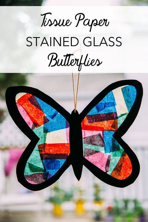 Tissue Paper Painting, Paper Butterfly Crafts, Glass Butterflies, Tissue Paper Craft, Tissue Paper Art, Parchment Paper Craft, Tissue Paper Crafts, Butterfly Template, Making Stained Glass