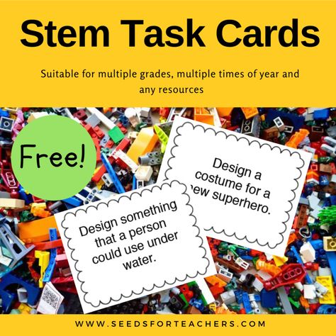 A simple way to get started with STEM is with task cards. You can use any materials you have in your classroom. Click to read the whole list and download your free STEM task cards today. Stem Bin Challenge Cards, Stem Task Cards Free Kindergarten, Stem Task Cards Free, Lego Task Cards, Steam Bins, Middle School Science Lab, Stem Cards, Stem Task Cards, Lego Stem