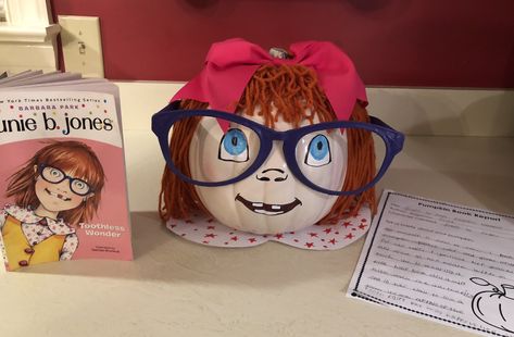 Junie B. Jones Pumpkin book report Book Character Ideas, Pumpkins Decorating, Book Character Pumpkins, Story Book Pumpkin, Carve Pumpkins, Creative Pumpkin Decorating, Character Pumpkins, Junie B Jones, Pumpkin Decorating Contest