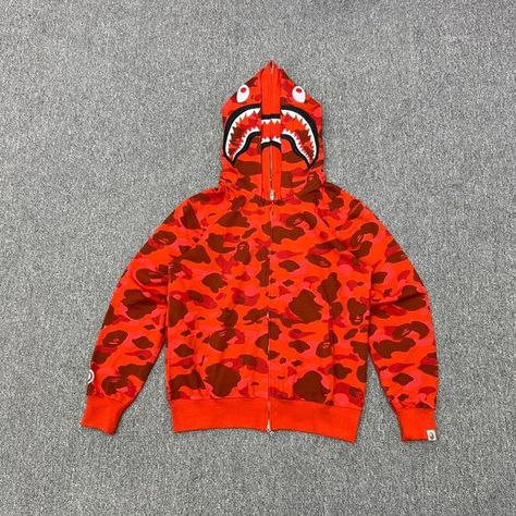 Bape Red Camo Shark Full-Zip Parka Hoodie Shark Sweatshirt, Bape Shirt, Shark Head, Bape Shark, Bape Hoodie, Bape Men, Red Camo, Camouflage Hoodie, Orange Camo