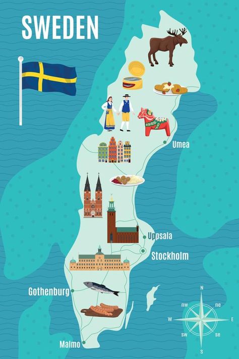 Sweden Touristic Map Ikea Board, Sweden Map, Red Gradient Background, Travel Art Journal, Red Gradient, Illustrated Maps, Sweden Travel, World Countries, Travel History