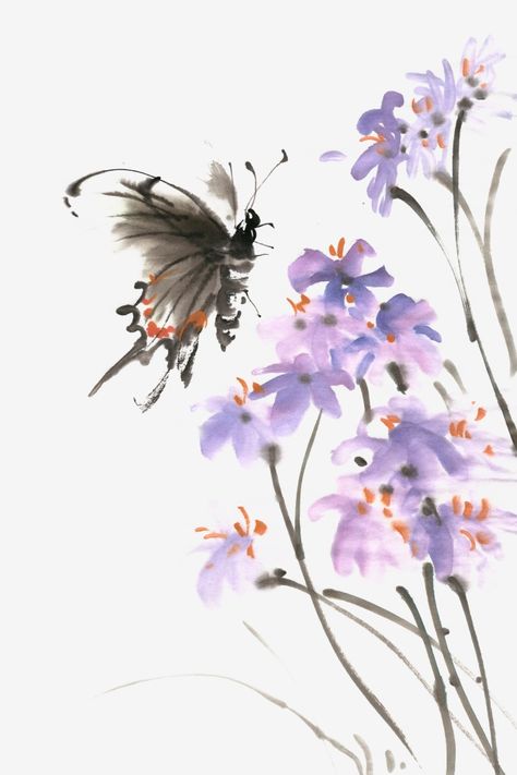 Chinese Butterfly Painting, Chinese Painting Traditional, Chinese Clipart, Butterfly Watercolor Painting, Chrysanthemum Painting, Chinese Butterfly, Chinese Painting Flowers, Chinese Ink Painting, Butterfly Beautiful