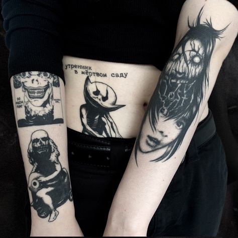 Dark Patchwork Tattoo, Japanese Horror Tattoo, Hellsing Tattoo, Chaos Tattoo, Learn To Tattoo, Wife Tattoo, Mystical Tattoos, Patchwork Tattoo, Wicked Tattoos