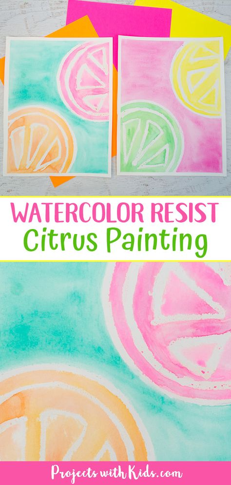 Kids will love making this fun watercolor resist citrus painting with bright colors! Learn easy watercolor techniques with oil pastels to create this beautiful art project. #projectswithkids #watercolorpainting #kidsart Watercolor Resist Techniques, Resistance Painting, Pastel Projects, Citrus Painting, Paint Activities, Resist Painting, Watercolor Resist, Kids Craft Tables, Art Docent