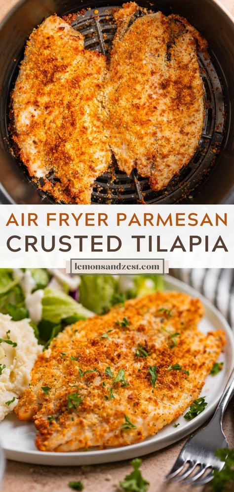 This golden and crispy Air Fryer Parmesan Crusted Tilapia is a perfect option for a delicious and quick dinner. Less than 20 minutes from start to finish and the perfect complement to so many side dishes. This a great weeknight dinner option the whole family will love! Baked Tilapia Recipes Air Fryer, Tilapia Recipes Air Fryer, Easy Tilapia Recipes Air Fryer, Panko Tilapia Air Fryer, Air Fryer Tilapia Recipes, Tilapia Air Fryer Recipes, Parmesan Crusted Tilapia Air Fryer, Air Fry Tilapia Fillet, Lemon Parmesan Tilapia Baked