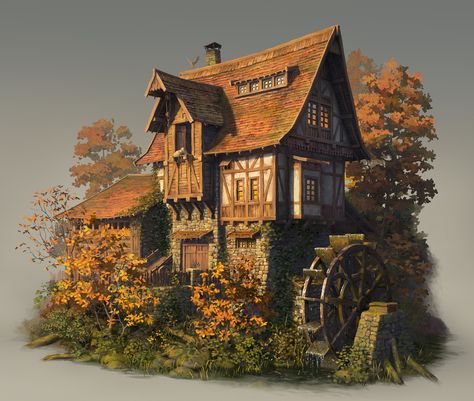 Water Mill, Yusuf Artun on ArtStation at https://www.artstation.com/artwork/EL4Bo4 Watermill Concept Art, Concept Art Minecraft, Medieval Watermill, Halfling House, Concept Art House, Buildings Artwork, Medieval Buildings, Medieval House, Mill House