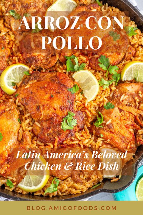 Making authentic arroz con pollo is easy. It’s a simple one-pot meal with juicy chicken, fragrant saffron rice, and delicious vegetables that is easy to make. #arrozconpollo #chickenandrice #chicken #rice #amigofoods Chicken And Rice Spanish, Chicken And Rice Recipes Spanish, Spanish Chicken And Rice Arroz Con Pollo, Sazon Goya Recipes Chicken And Rice, Pollo Arroz Recipe, Mexican Chicken Rice Recipes, Mexican Chicken And Rice Skillet, Panamanian Chicken And Rice, Mexican Chicken And Rice Arroz Con Pollo