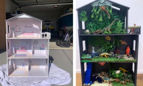 Dollhouse hack: Mum turns Kmart dollhouse into ‘dinosaur paradise’ | Kidspot Diy Dinosaur Play House, Dinosaur Dolls House, Dinosaur House Diy, Dinosaur Doll House Diy, Dino Dollhouse, Dinosaur Doll House, Dinosaur Playhouse, Dinosaur Dollhouse, Tk Centers