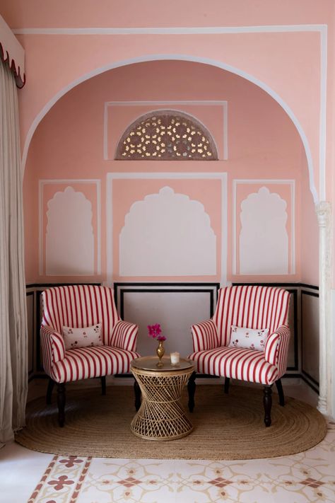 This Jaipur hotel is like a jewel box in the city's gemstone market | Architectural Digest India Indian Interiors, Jaipur Rugs, Class Design, Style Deco, Jewel Box, Vintage Chairs, Pink Walls, Eclectic Style, Shop Interior