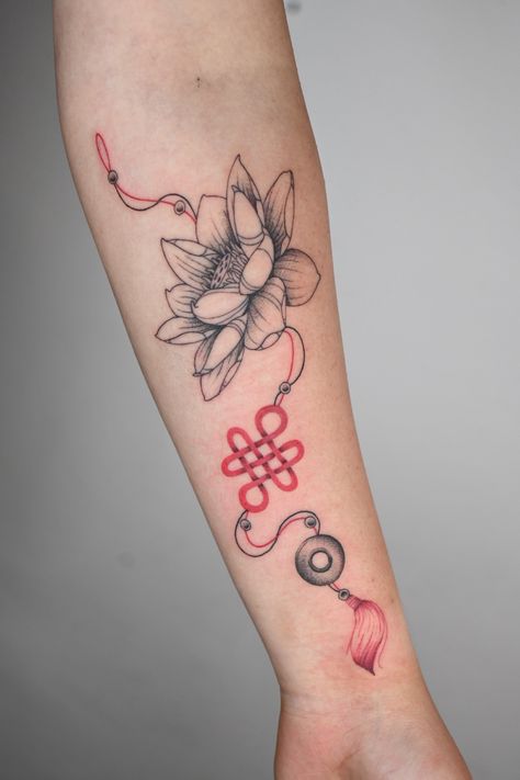 @simbalysm on IG Asian Charm Tattoo Design, Chinese Knot Tattoo, Chinese Flower Tattoo, Norigae Tattoo, Kitsune Tattoo, Charm Tattoo, Knot Tattoo, Kitsune Mask, Chinese Flower