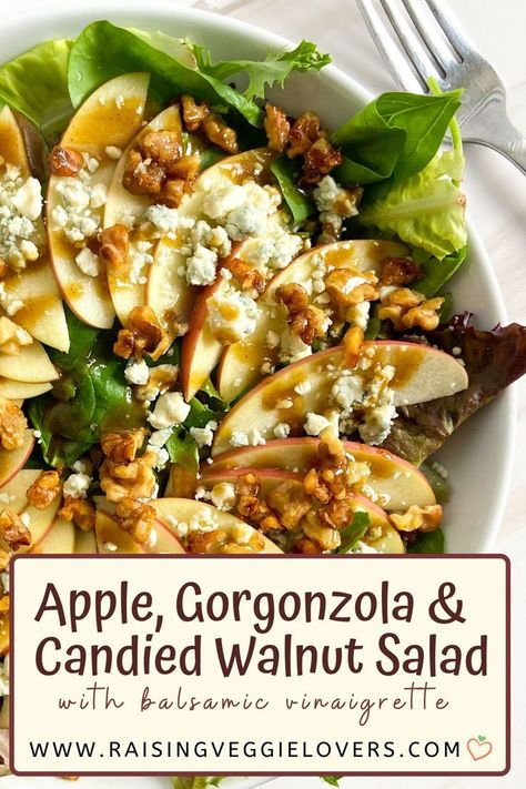 This salad is simple, yet packs a big flavor punch! Sweet, crisp apple with creamy gorgonzola cheese, and sweet, crunchy walnuts topped with tangy balsamic vinaigrette…yum! #vegetarianrecipes #saladrecipes #fallrecipes Candied Walnut Salad, Candied Walnuts For Salad, Gorgonzola Salad, Apple Walnut Salad, Boat Food Ideas, Gorgonzola Cheese, Pear Salad, Crisp Apple, Food Ideas Summer