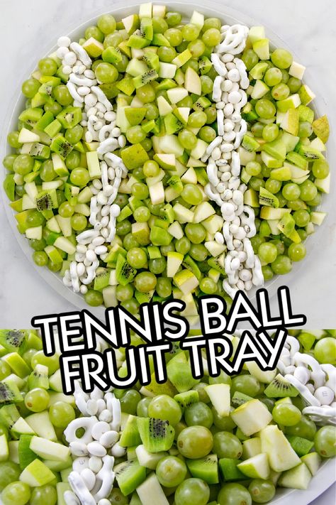 Tennis Match Appetizers, Tennis Snacks Ideas, Tennis And Tequila Party, Sports Fruit Tray, Tennis Ball Themed Dog Party, 40 Love Tennis Party, Tennis Food Ideas, Tennis Themed Graduation Party, Tennis First Birthday Party