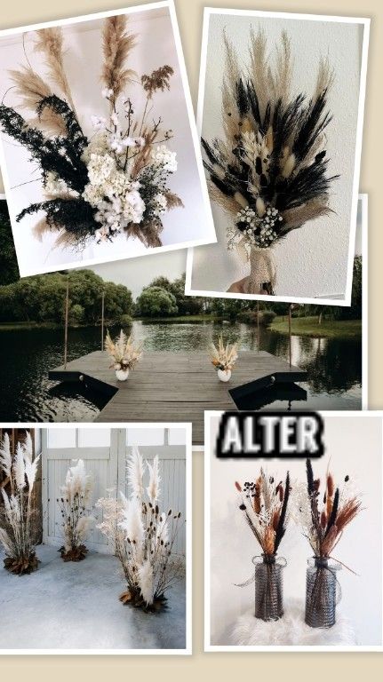 Pampas grass with black and white accents, tall on each side of the dock in tall vase/flower stand Alter Decor, Black Runners, Grass Wedding, Tall Vase, Vase Flower, Flower Stand, White Table Cloth, White Floors, Tall Vases