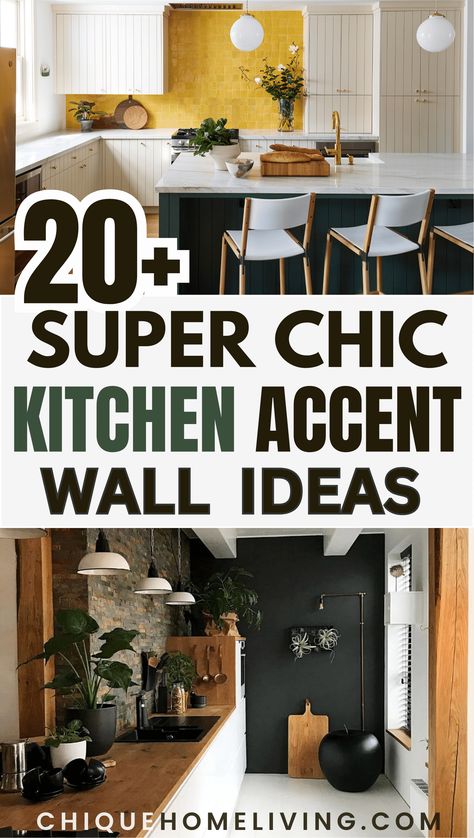 Elevate the style of your kitchen with these "20+ Super Chic Kitchen Accent Wall Ideas." Accent walls can add character, depth, and a touch of drama to your culinary space. Explore various design options to find the perfect accent for your kitchen. Feature Walls Kitchen, Small Accent Wall Kitchen, Kitchen Feature Wall Ideas Wallpaper, Peel And Stick Wallpaper Accent Walls Kitchen, Blank Wall In Kitchen Ideas, Kitchen Feature Wall Ideas, Kitchen Accent Wall Ideas, Kitchen Wallpaper Accent Wall, Above Kitchen Cabinets Ideas