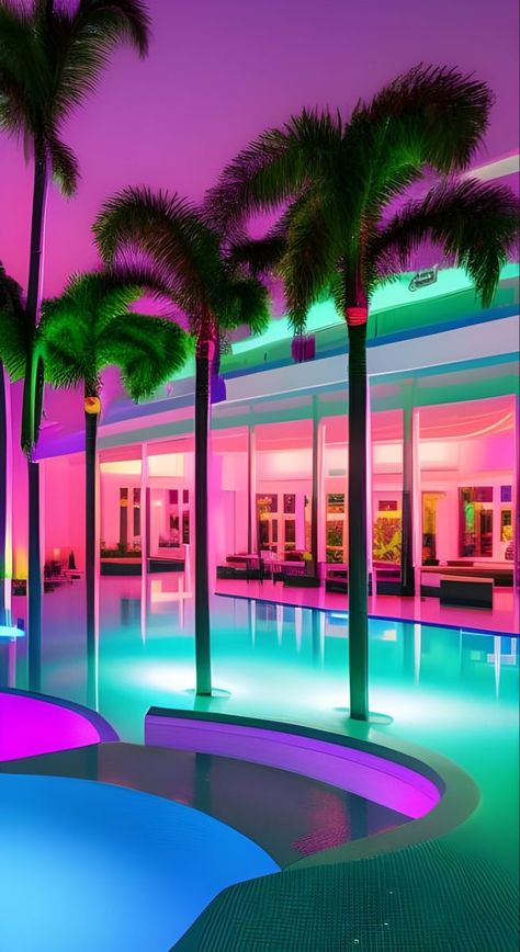 Mood pool party lounge summer vacation vibes. Beach palm tree miami vaporwave chill vibes. Miami Vice Aesthetic Interior, 80s Pool Aesthetic, Retro Miami Aesthetic, Miami Club Aesthetic, Miami Vibes Aesthetic, 80s Club Aesthetic, 90s Neon Aesthetic, Neon Vibes Aesthetic, Miami Vice Wallpaper